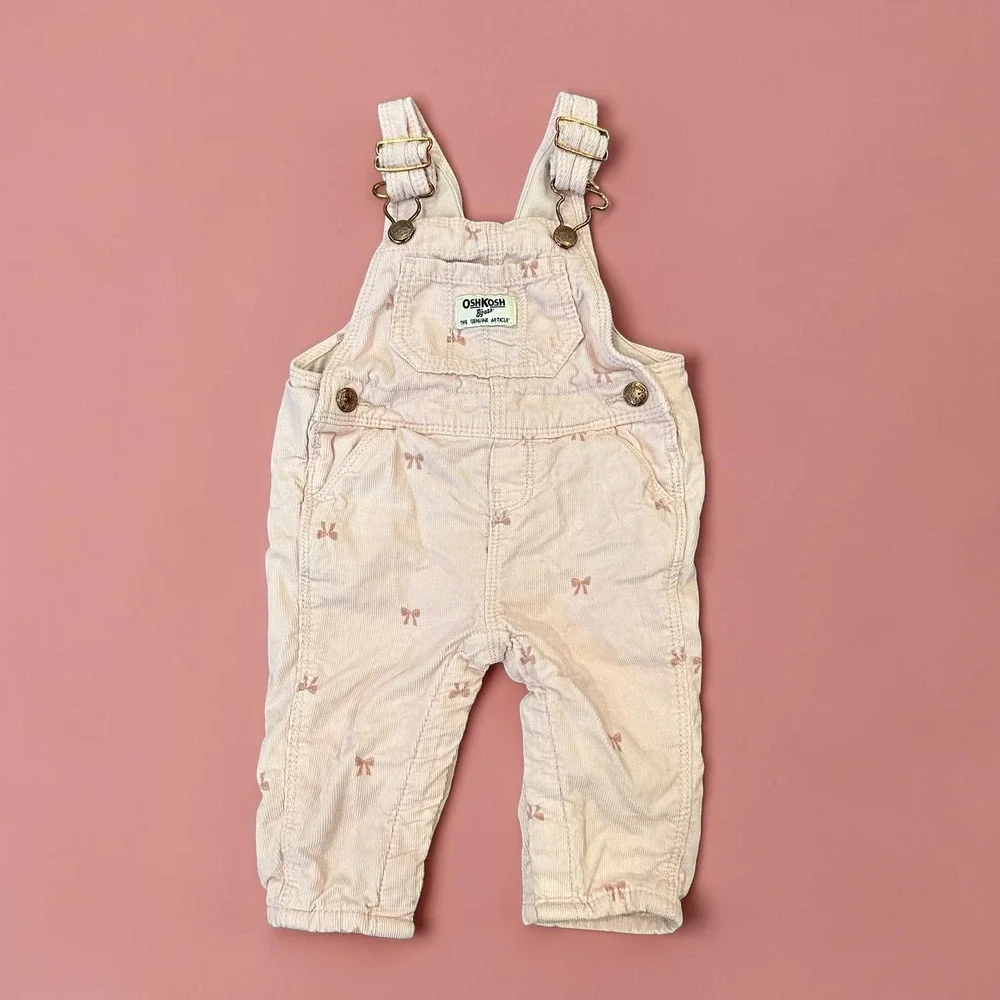 OshKosh B'gosh Pink Corduroy Bow Print Overalls 6m Baby Girl Vestbak